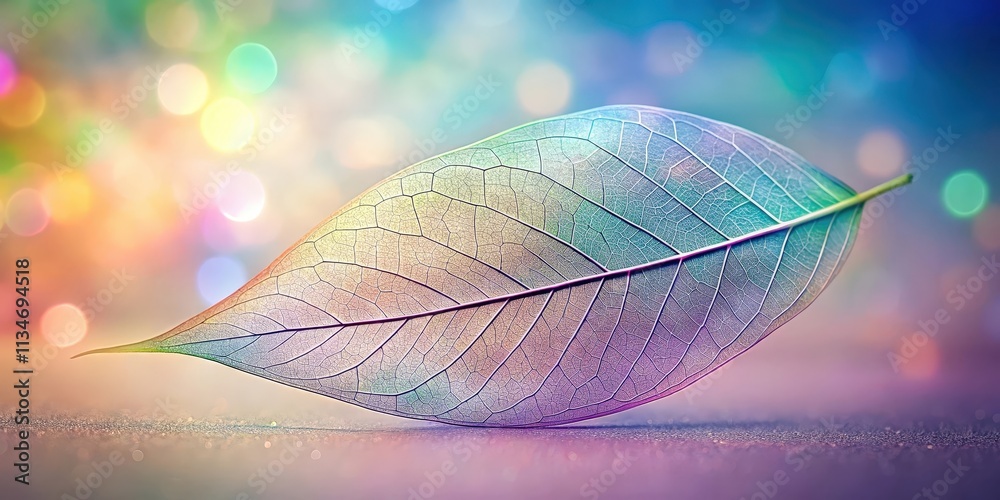Poster a delicate, translucent leaf with intricate veins, illuminated by a colorful bokeh background, showc