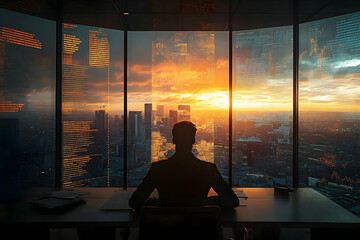 Fototapeta na wymiar Businessman silhouetted against sunset city view from skyscraper office.