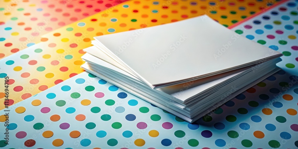 Poster a stack of blank white paper sheets lies on a surface covered in a colorful polka dot pattern.