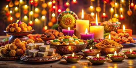 A Vibrant Diwali Celebration Featuring Traditional Diya Lamps Surrounded by Festive Food and Sweets, Capturing the Essence of Joy and Togetherness in a Colorful Arrangement