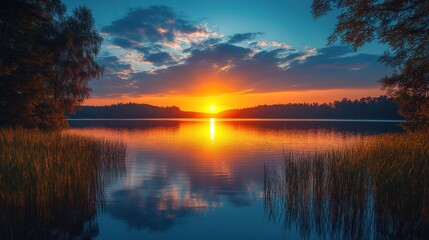 Obraz premium A serene sunset over a tranquil lake, reflecting vibrant colors and nature's beauty.