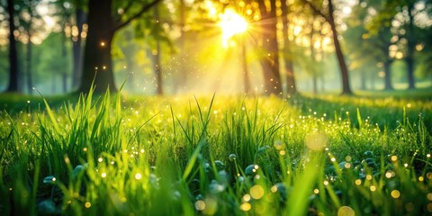 A field of vibrant green grass, sparkling with morning dew, bathed in the warm glow of a sun-kissed sunrise through the trees.