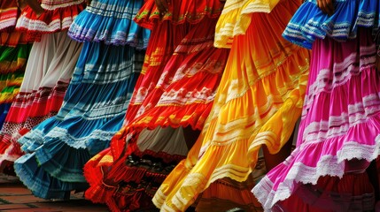 Fototapeta premium Mexican women wearing colorful dress dancing in Cinco de Mayo celebration