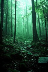 Obraz premium Misty Green Forest Path A Serene Woodland Scene