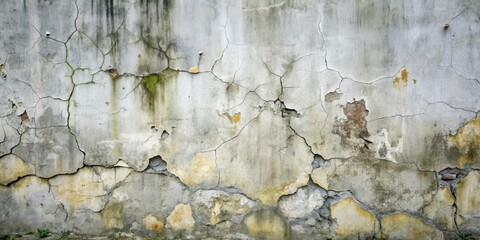 Obraz premium A distressed concrete wall with visible cracks, peeling paint, and patches of moss and lichen.