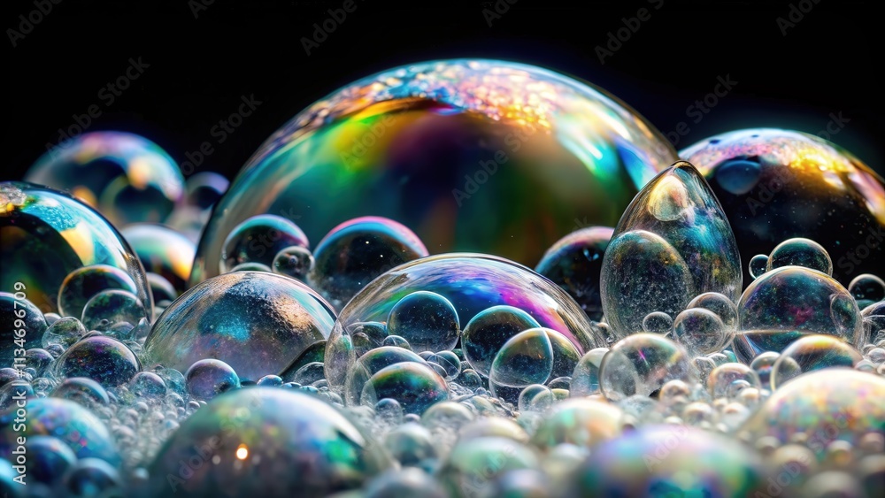 Fototapete an abstract close-up of iridescent soap bubbles, with a background of dark colors, revealing a shimm