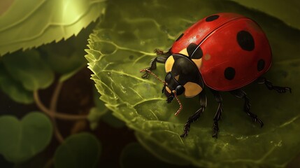 Obraz premium Close-up of a ladybug on a green leaf. Summer macro photo generative ai