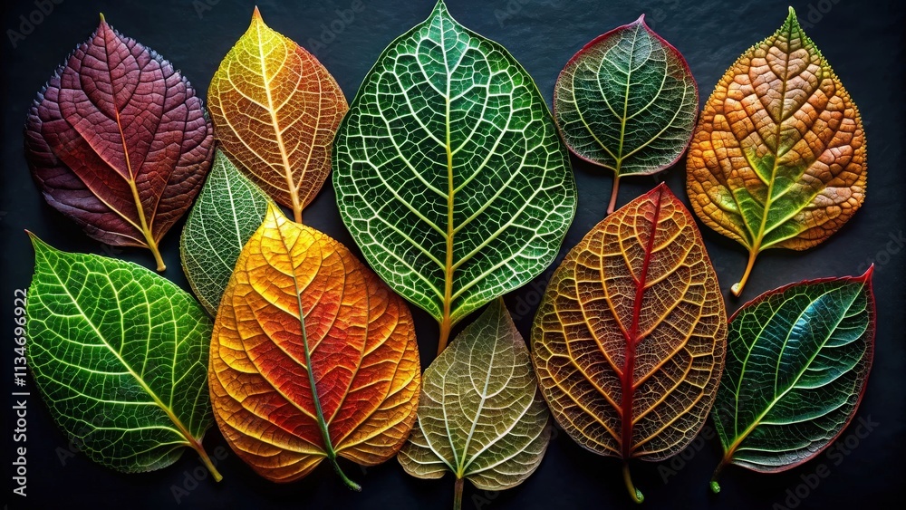Poster A collection of vibrant leaves, each showcasing intricate veins and unique color combinations, creating a captivating display of nature's artistry.