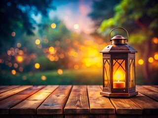 A Warm Lantern Glow on an Empty Wooden Table Perfect for Product Display or Creative Copy Space in a Cozy Atmosphere