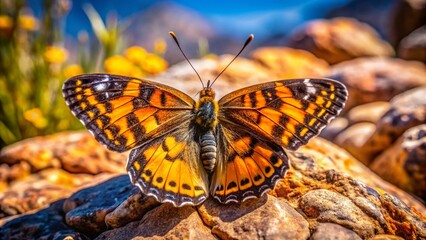 Obraz premium A Weak Banded Crescent Butterfly Perched on a Rock in the Natural Landscape of Mexico, Showcasing Its Unique Colors and Patterns Amidst the Surrounding Flora