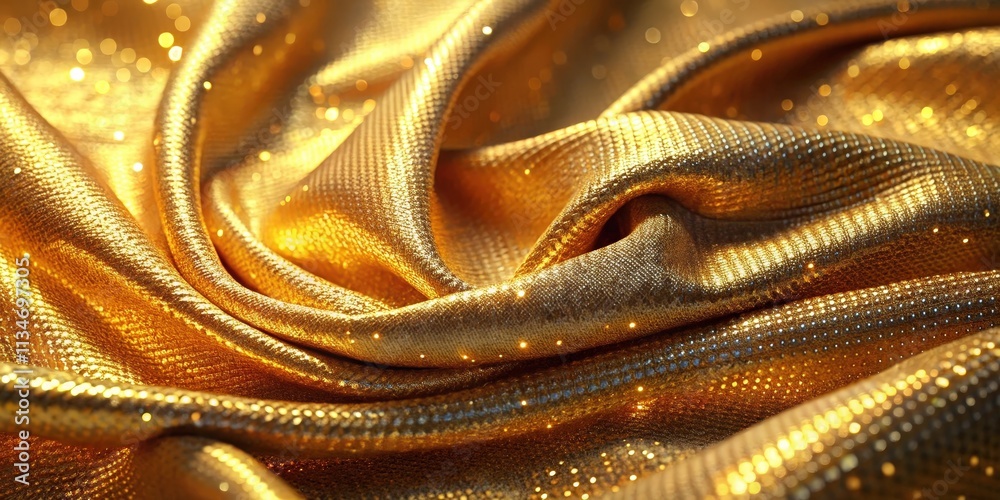 Poster a shimmering cascade of golden fabric, draped in soft folds, catching the light with a delicate spar