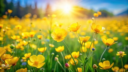 Obraz premium A field of vibrant yellow wildflowers bathed in the warm glow of the setting sun, creating a picturesque landscape of nature's beauty.