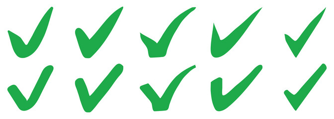 Green check mark icon set. set of green tick icon. hand-drawn checkmark. green check mark symbols. tick mark icons. Vector- EPS 10.