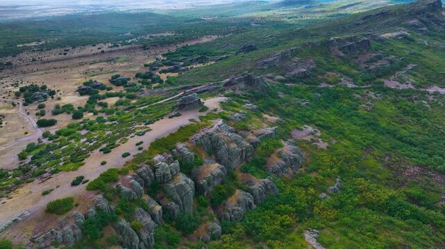 Landscape at the castle of Zafra (12th century). Municipality Campillo Due&ntilde;as. Aerial view from drone. Molina Alto Tajo Geopark. Alto Tajo Natural Park. Guadalajara. Castilla la Mancha. Spain. Europe