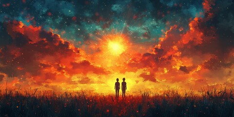 Fototapeta premium Guiding Star of Bethlehem in a Serene Watercolor Landscape Illustration