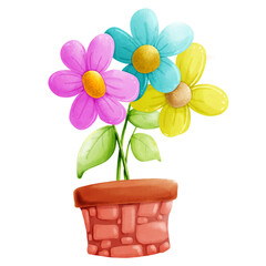 Colorful Cartoon Flowers in a Clay Pot Bright and Cheerful Concept