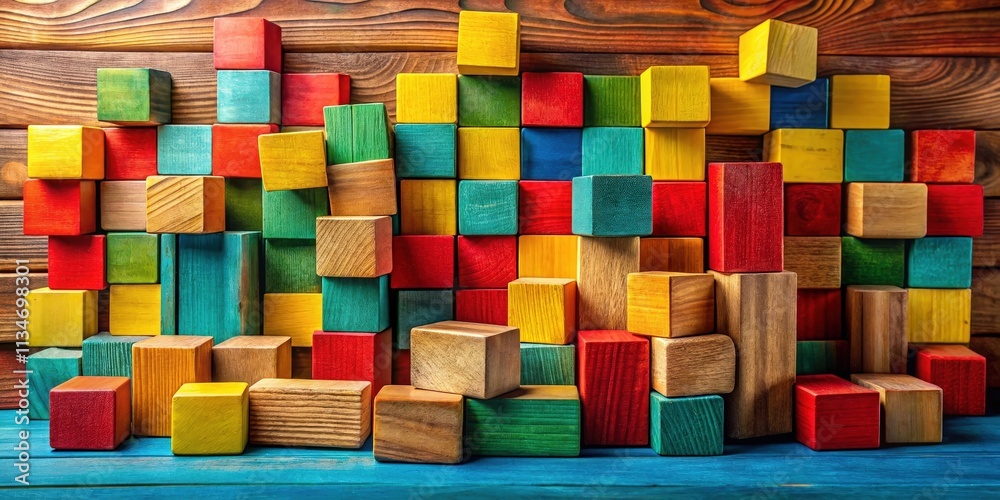 Poster a vibrant wall of colorful wooden blocks arranged in an abstract pattern against a backdrop of natur