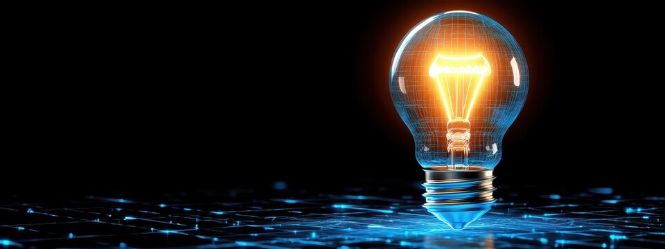Glowing lightbulb breaking out of a grid, creativity and innovation