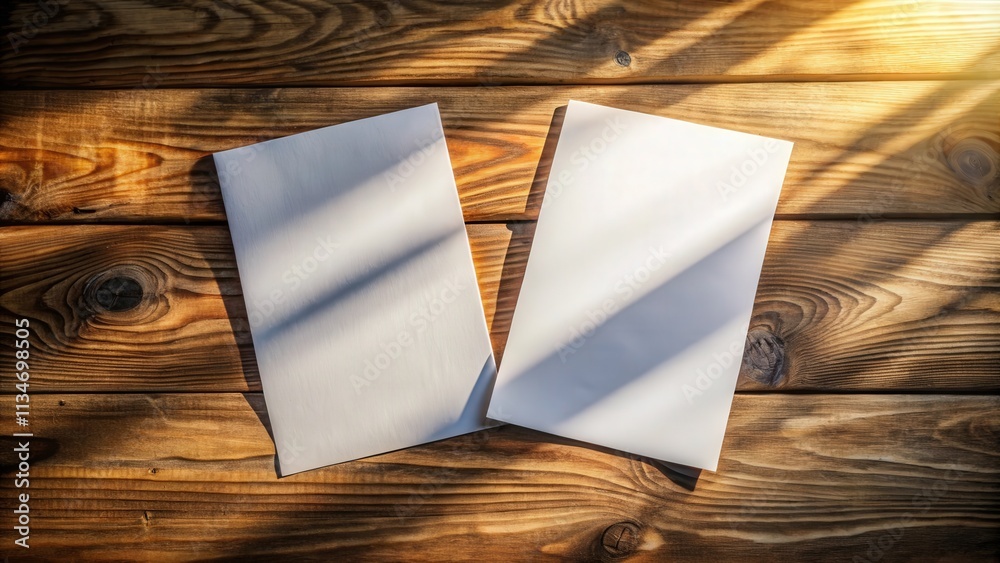 Poster Two Blank White Sheets of Paper Resting on a Wooden Table with Sunlight Casting Shadows on the Surface