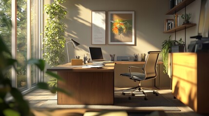 Fototapeta premium A Bright, Modern Office Space with Green Plants and Natural Light