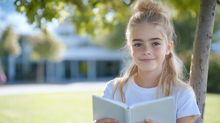 Fototapeta premium Caucasian girl sitting on grass under the tree reading a book studying