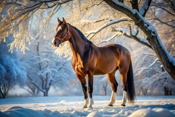 Majestic Slovak Warmblood Horse in Snowy Landscape with Dappled Light and Tree Shadows – Perfect for Equine and Nature Photography Enthusiasts