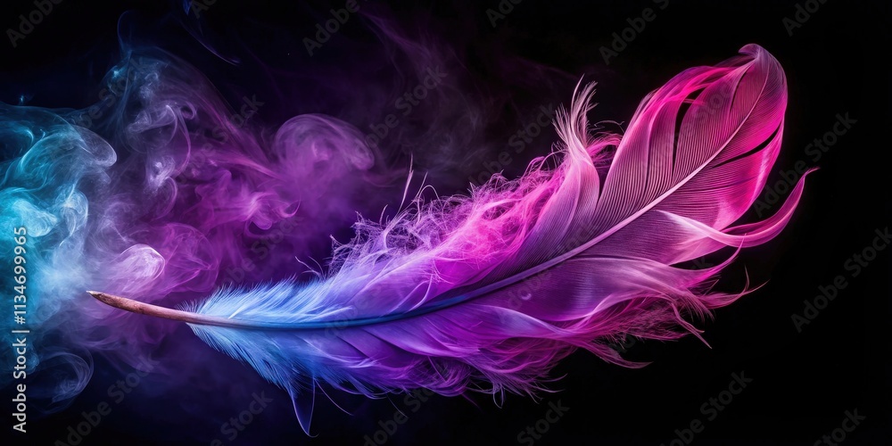 Poster A single feather with a pink and blue gradient is illuminated against a black background with swirling purple and blue smoke.