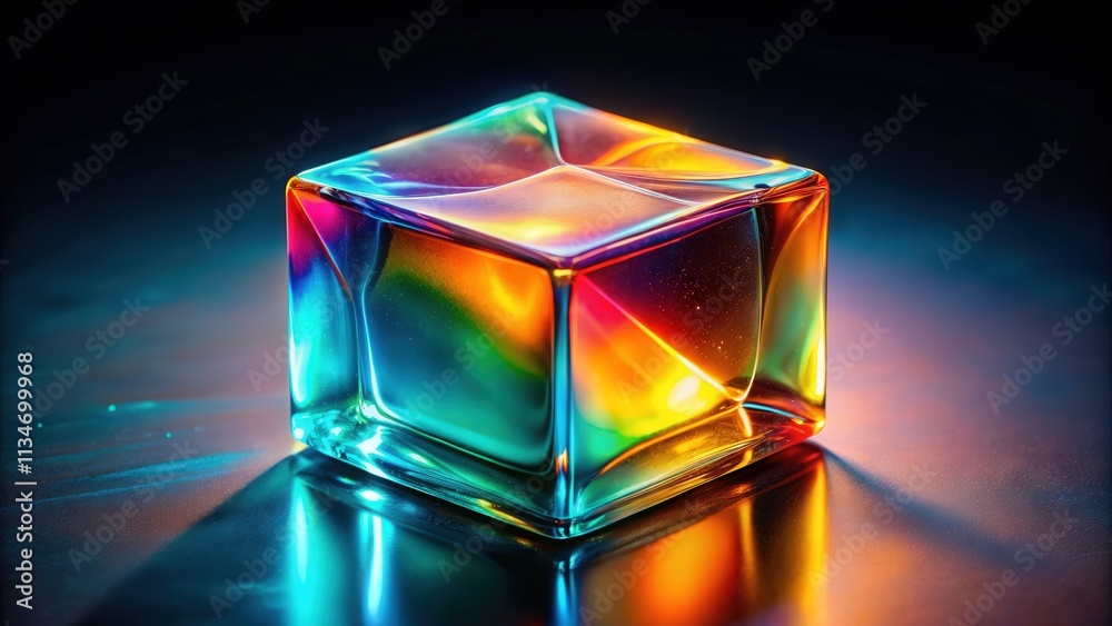 Aufkleber a vibrant cube of glass refracts colorful light, casting an abstract glow on the dark surface beneat