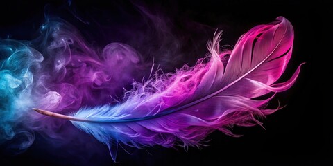 Obraz premium A single feather with a pink and blue gradient is illuminated against a black background with swirling purple and blue smoke.