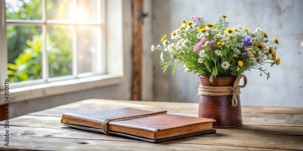 Poster a rustic still life featuring wildflowers in a clay vase and a leather-bound book on a weathered woo