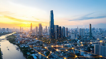 Cityscape at sunset with network connections.
