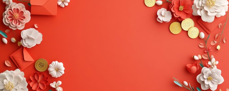Vibrant red floral decor for chinese new year celebratory digital design