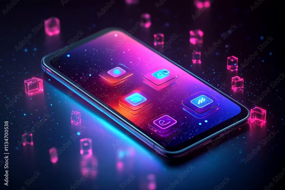 Wall mural futuristic smartphone floating on a neon abstract background with colorful app interface on display