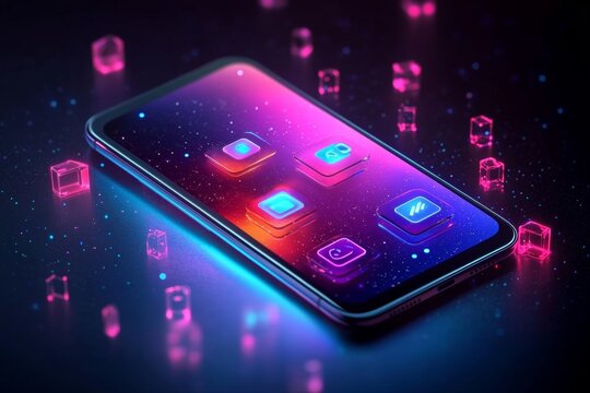 Futuristic smartphone floating on a neon abstract background with colorful app interface on display