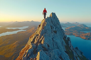 Climber atop a mountain peak at sunrise, overlooking a vast landscape of sea and mountains.
