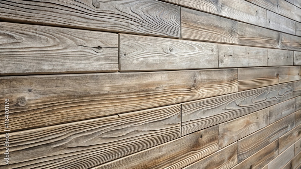 Poster A close-up view of a weathered wooden wall with horizontal planks arranged in a staggered pattern, highlighting the natural grain and texture of the wood.