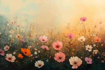 Vibrant wildflower meadow at sunset with soft pastel hues and warm light