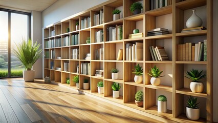 Obraz premium Minimalist Bookcase Design: Wide Angle Photography, Modern Home Decor, Simple Shelving, Clean Lines, Elegant Bookshelves