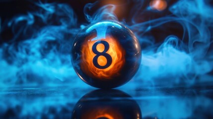 Magic 8 Ball Surrounded by Ethereal Blue Smoke in Dramatic Lighting