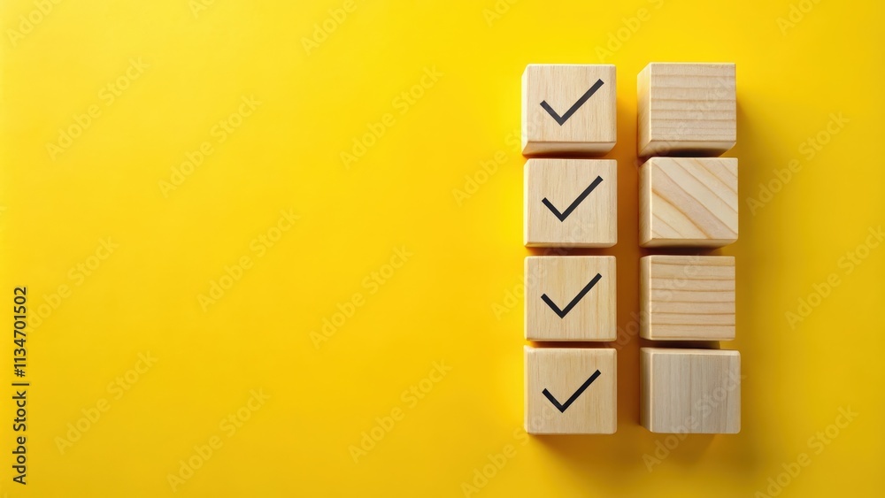 Poster Wooden blocks with check marks on yellow background - a concept of achieving goals and completing tasks