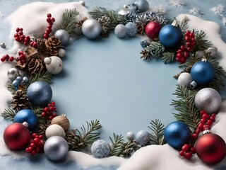 Colorful Christmas wreath with red, blue, and silver ornaments, pine cones, and holly berries, set on a snow and ice themed background