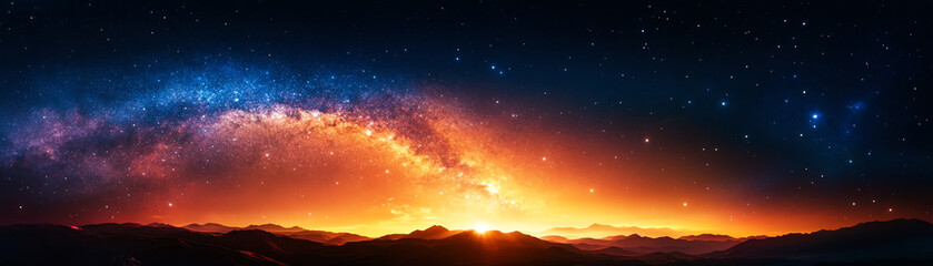 Fototapeta premium Stunning panoramic view of a vibrant sunset blended with a starry night sky.