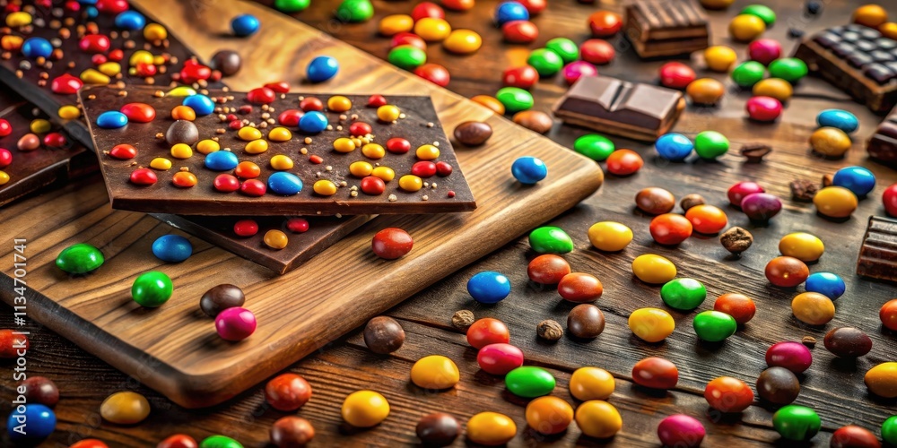 Poster a delectable spread of dark chocolate bars topped with colorful candies rests on a wooden cutting bo