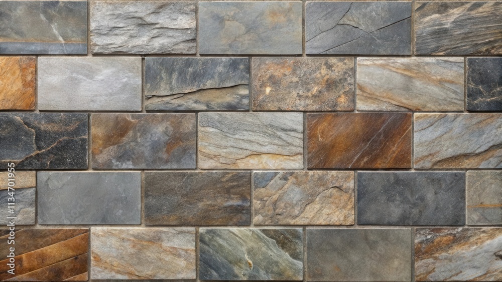 Poster a wall covered in smooth, rectangular slate tiles with natural, earthy tones, ranging from deep char