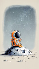 Cartoon Astronaut on the Moon. Minimalist illustration of a small astronaut sitting alone on the moon, gazing at the sky. Vintage tones of beige, white, and blue. Vertical 9:16 ratio, ideal for mobile