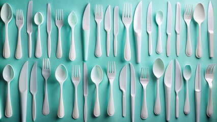 Minimalist Photography of Disposable Plastic Cutlery Arranged Aesthetically on a Clean Surface, Highlighting Environmental Concerns and Sustainable Alternatives