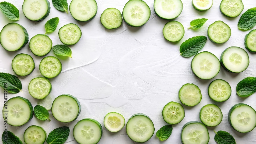 Poster A refreshing arrangement of sliced cucumbers and mint leaves, creating a natural and vibrant border on a white background.