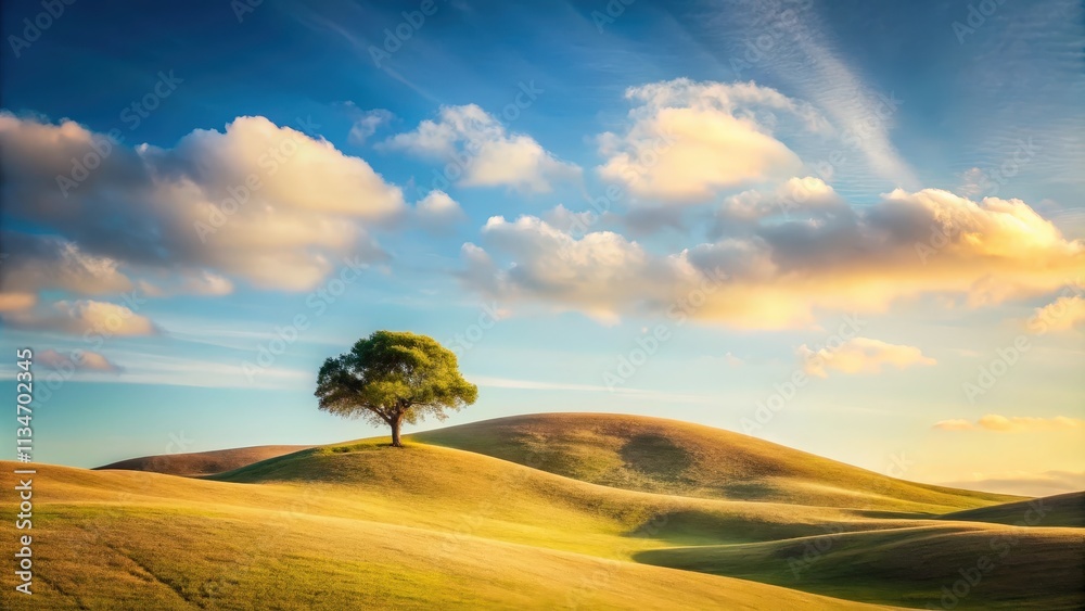 Poster a solitary tree stands tall on a grassy hill, bathed in the soft glow of the setting sun, casting lo