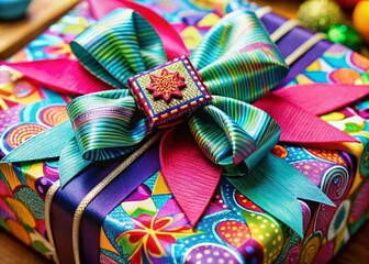 Obraz premium Beautifully Wrapped Gift Package Ready to Ship with Colorful Bow and Decorative Elements, Perfect for Holidays and Special Occasions, Macro Photography Perspective