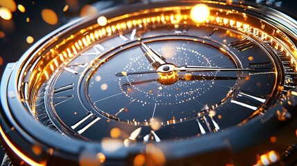 Naklejka premium new year and celebration and festivity concept. Elegant Close-Up of Luxurious Golden Clock Face